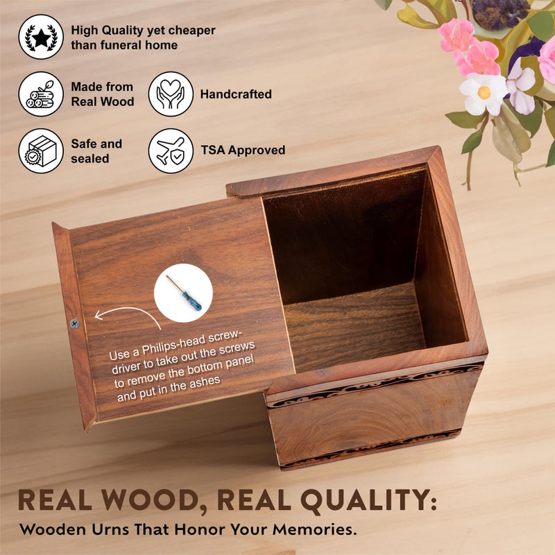 INTAJ Handcarved Wooden Cremation Urn for Human Ashes - Tree of Life Design, 180 lbs Capacity, Suitable for Adult Men and Women - Decorative Funeral Urn Box and Casket - Wooden Carved Box - Image 3